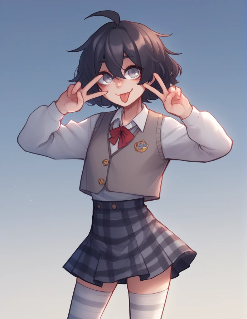 1 girl, alone, ppka, black fur, short hair, messy fur, Ahoge, parts, parts por todo el cuerpo, grey eyes, blind, cute smile looking at the viewer, taking out the rear, peace hands pose, Plaid mini skirt, night blue miniskirt, White jacket, grey vest, high stockings, white leg warmer, Striped tights, Pose linda, nice smile cured the tongue, tender look