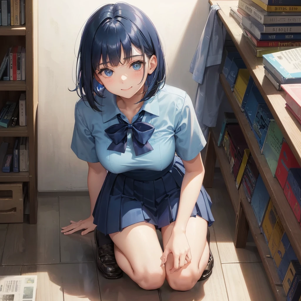 1. High school girl　17-year-old female　Bobcut　dark blue hair color　High School Uniform　Light blue Y-shirt　Short sleeve　Blue Ribbon　dark blue hair color　Slim figure　Large Breasts　Full body portrait　School library　Smiling Kindly　Laugh a little　library　Hand Signs　squat　Kneel　Look up here　
