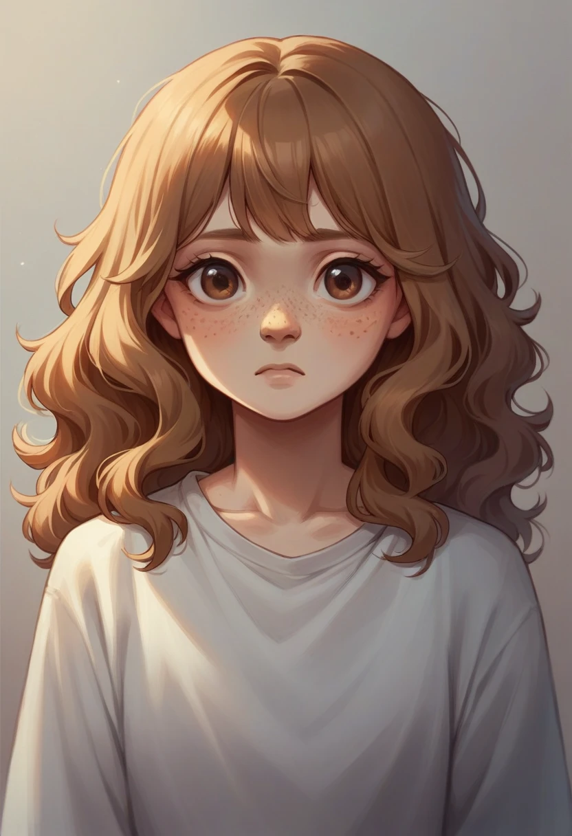 Blythe doll with medium brown wavy hair, Brown eyes, freckles on the nose, white and without bangs
