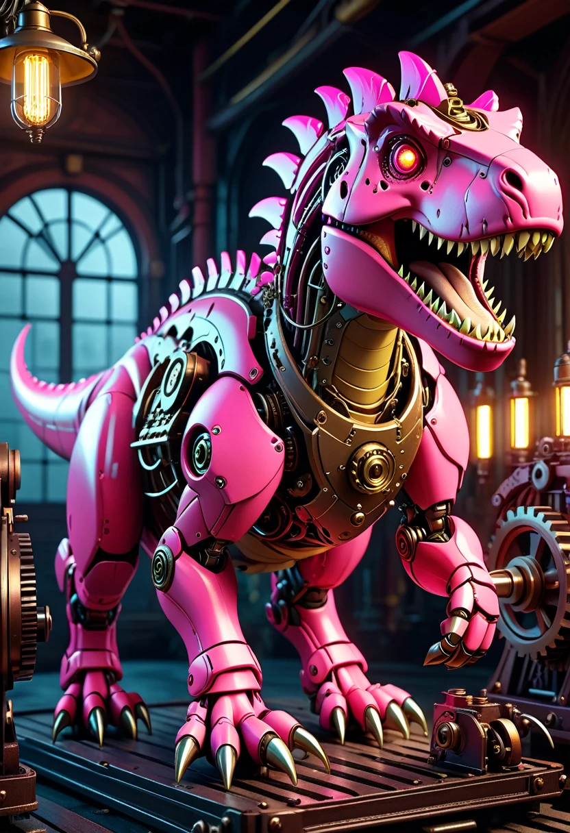 cute pink mechanical tyrannosaurus rex, highly detailed, intricate gears and machinery, glowing eyes, dynamic pose, steampunk style, cinematic lighting, vibrant colors, 8k, photorealistic, hyper detailed