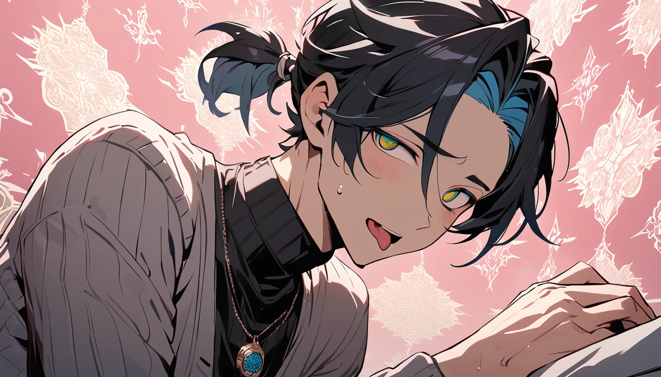 ((((best masterpiece, best quality, wallpaper,)))) solo, guy, male body, small muscles, flat chest, 1male, 30 years old, handsome man, dramatic angle, upper body, looking at viewers, beautiful detailed, tongue out, mediumturquoise hair, ((((Lower short ponytail)))), asymmetrical bangs, ((short hair,)) blush stickers, sweat, ((( jitome, gold eyes, ^o^, tareme, droopy eyes,))) (((perfect face, extremely detailed eyes,))) perfect hands, sharp nose, clear face, black turtleneck, grey cardigan, ((silver piercing, pendant,)) leggings, pink background color ultrasharp, 8K, masterpiece,