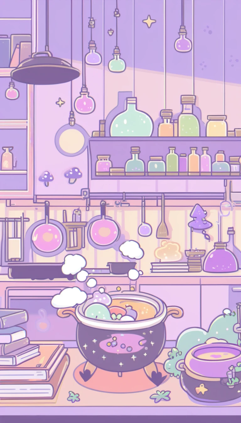 cute, witchy, kitchen, with bubbling cauldron, light colors, pastel colors, potions, books, magical mushrooms