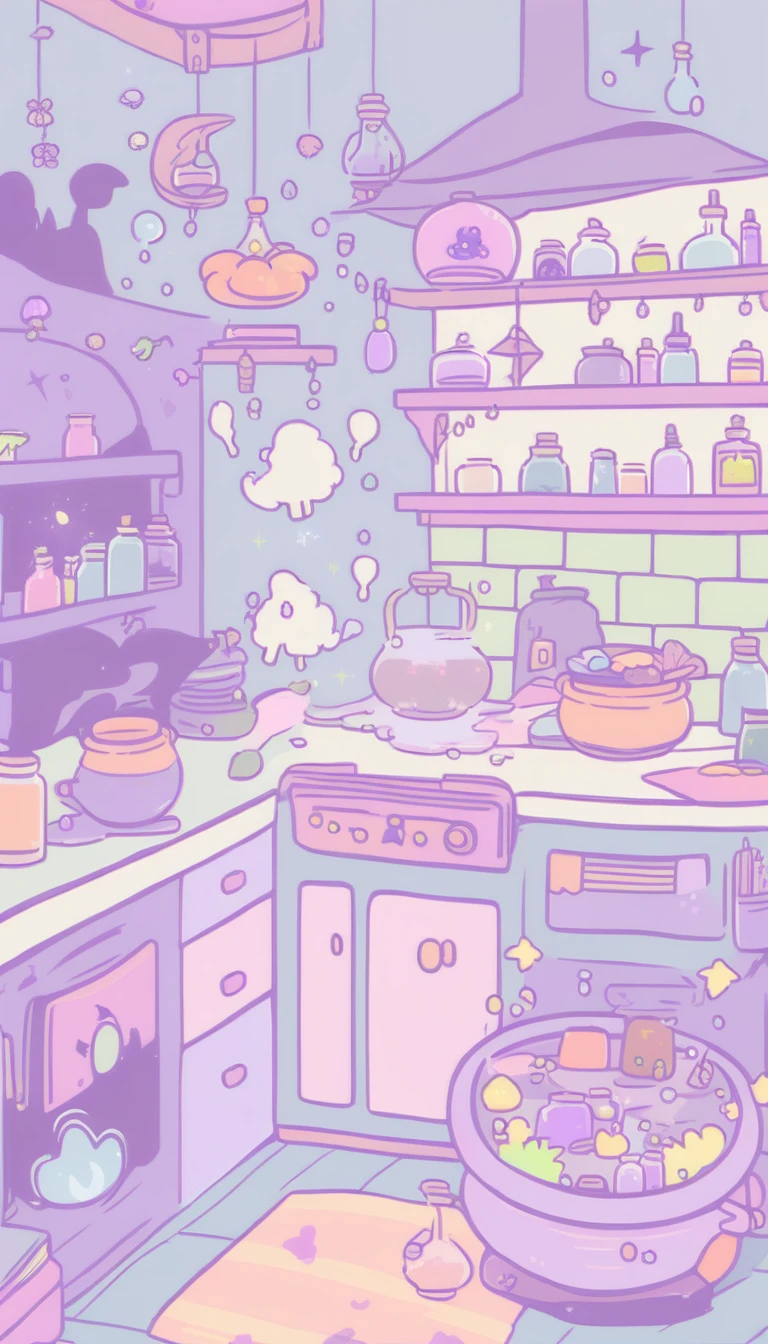 cute, witchy, kitchen, with bubbling cauldron, light colors, pastel colors, potions, books, magical mushrooms