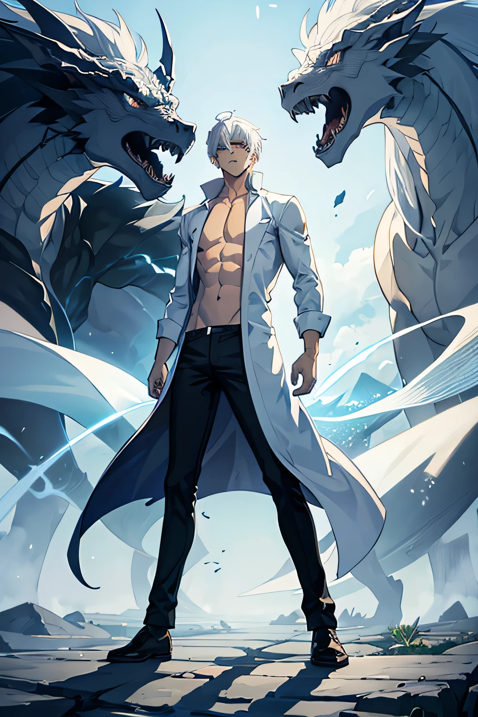 25 years old anime man with white hair, standing at the front of a dragon, hands in pockets,shirt off