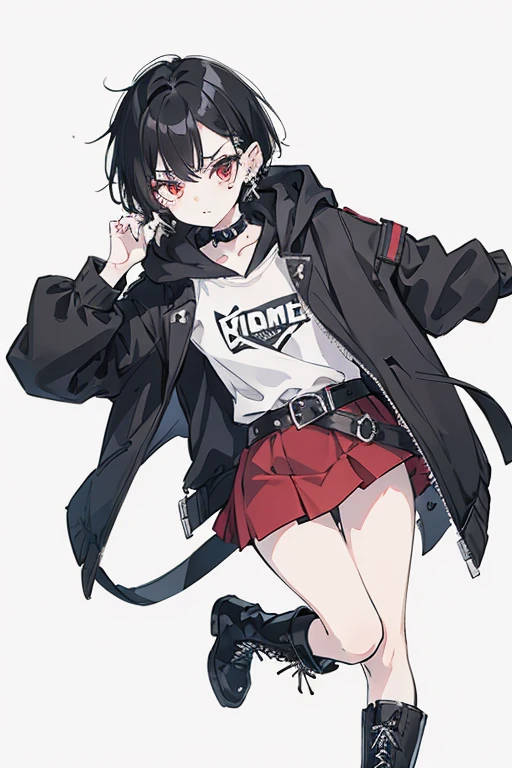 Girl, tomboy, edge lord, goth, short black hair, forehead slightly exposed, pale skin, black eyeliner, ear piercings, spiky accessories, belts, white shirt, black hoodie jacket, red skirt, belt, boots with belts.