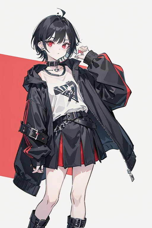 Girl, tomboy, edge lord, goth, short black hair, forehead slightly exposed, pale skin, black eyeliner, ear piercings, spiky accessories, belts, white shirt, black hoodie jacket, red skirt, belt, boots with belts.