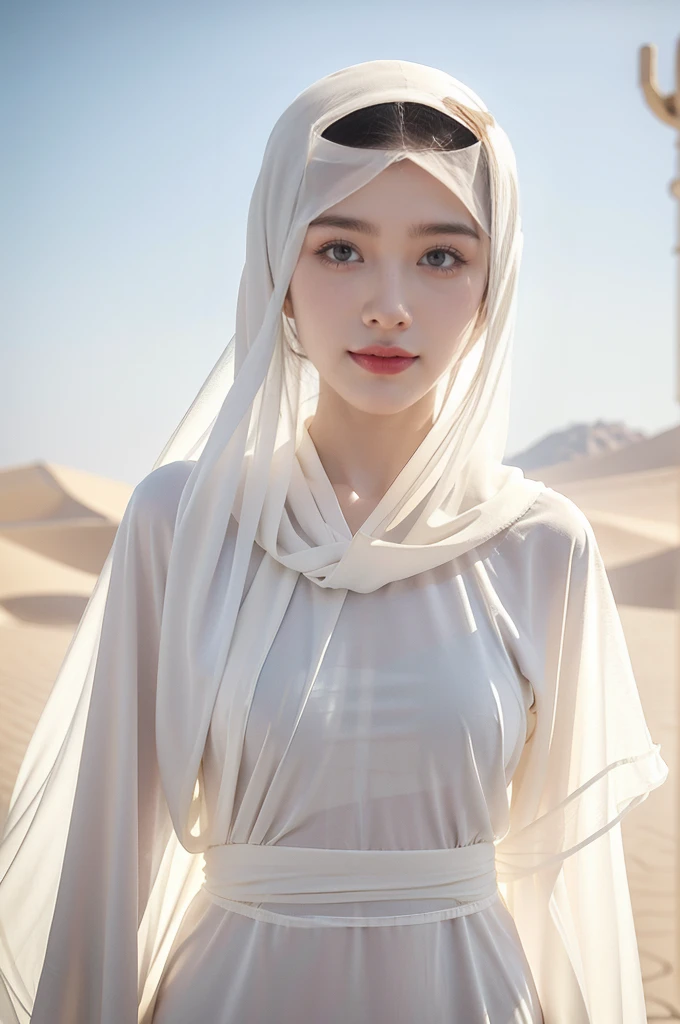 (((best quality))),(((ultra detailed))),(((masterpiece))),illustration,1 Arabian girl,beautiful,solo,slim,thin,small breasts,flat chest,summer,(in desert:1.3),white headscarf,(see through white sheer abaya:1.3),slender legs,arms behind back,radiant smile,fair complexion,sun rays,gentle breeze,elegant attire,practical robe,delicate headdress,vast expanse,golden sand,azure sky,rolling dunes,stillness,rustling robe,graceful elegance,((from front,upper body))