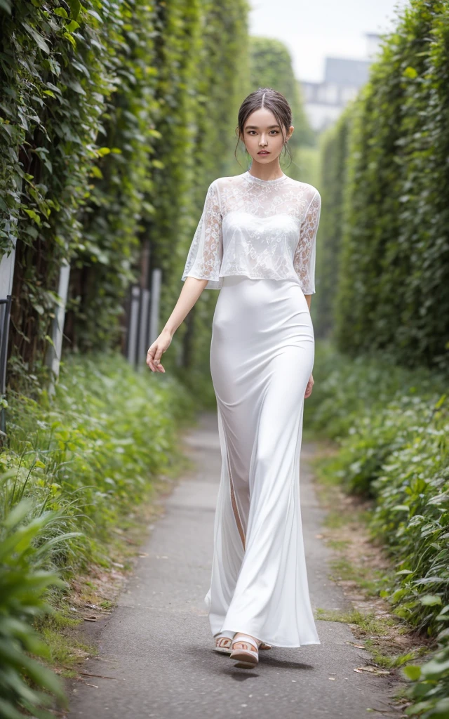 Sustainable Fashion Eco-friendly fashion made with renewable energy。Elegant outfits made from biodegradable materials and plant-based fabrics。High fashion items made from recycled materials。The background is the Paris Fashion Week runway。