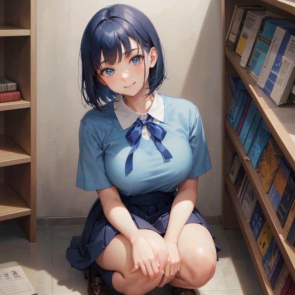 1. High school girl 17-year-old female Bobcut dark blue hair color High School Uniform Light blue Y-shirt Short sleeve Blue Ribbon dark blue hair color Slim figure Large Breasts Full body portrait School library Smiling Kindly Laugh a little library Hand Signs squat Kneel Look up here