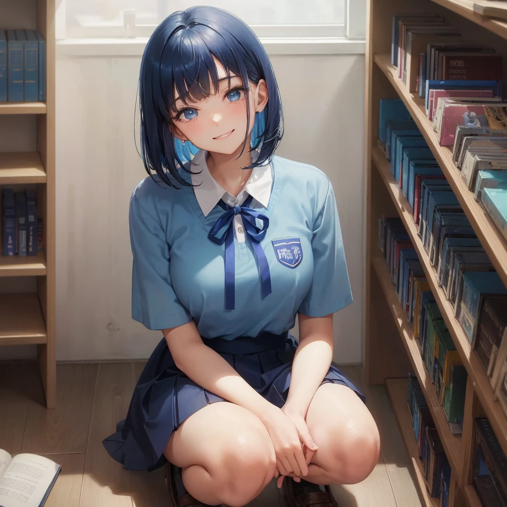 1. High school girl 17-year-old female Bobcut dark blue hair color High School Uniform Light blue Y-shirt Short sleeve Blue Ribbon dark blue hair color Slim figure Large Breasts Full body portrait School library Smiling Kindly Laugh a little library Hand Signs squat Kneel Look up here