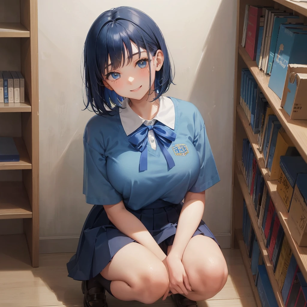 1. High school girl　-yeld fee　Bobcut　dark blue hair color　High School Uniform　Light blue Y-shirt　Short sleeve　Blue Ribbon　dark blue hair color　Slim figure　Large Breasts　Full body portrait　School library　Smiling Kindly　Laugh a little　library　Hand Signs　squat　Kneel　Look up here　