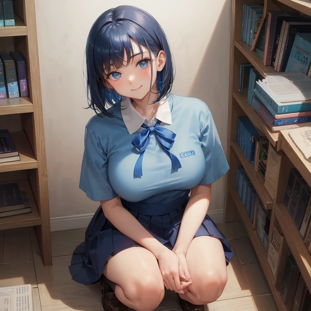 1. High school girl 17-year-old female Bobcut dark blue hair color High School Uniform Light blue Y-shirt Short sleeve Blue Ribbon dark blue hair color Slim figure Large Breasts Full body portrait School library Smiling Kindly Laugh a little library Hand Signs squat Kneel Look up here