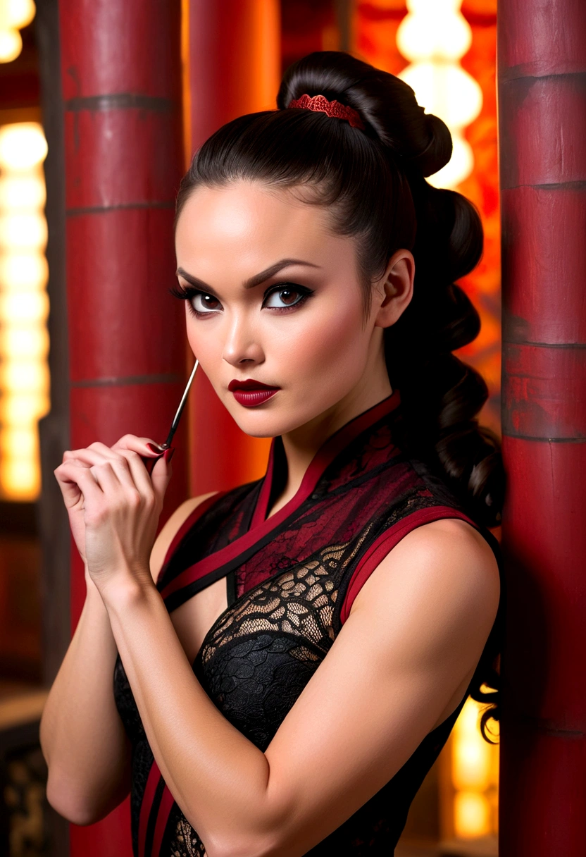 Tori Black asian ninja warrior, ringlets wavy five feet long black hair, updo hairstyle with ponytail on one side and long hairpins for the bun, dark red glossy lips, heavy black eye shadow long black eyeliner, long sharp nails, black lace beautiful and creative sleeveless ninja warrior bodysuit, forehead lace ornament, posing in a Shaolin temple interior, happy expression, dark ambience night time candle lights. No faces on her chest!