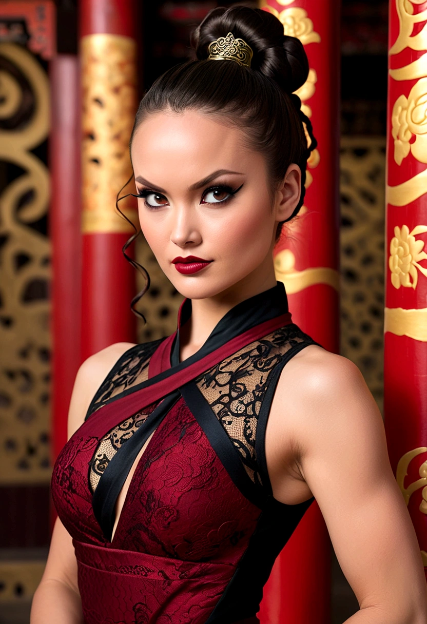 Tori Black asian ninja warrior, ringlets wavy five feet long black hair, updo hairstyle with ponytail on one side and long hairpins holding the bun, dark red glossy lips, heavy black eye shadow long black eyeliner, long sharp nails, black lace beautiful and creative sleeveless ninja warrior bodysuit, forehead lace ornament, posing in a Shaolin temple interior, happy expression, dark ambience night time candle lights. No faces on her chest!