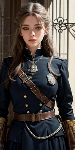 photorealistic, high resolution, soft light, pretty 1women, solo, (detailed face), badge, medieval fantasy dark military uniform, dark colors, silver hems, steampunk, Victorian police