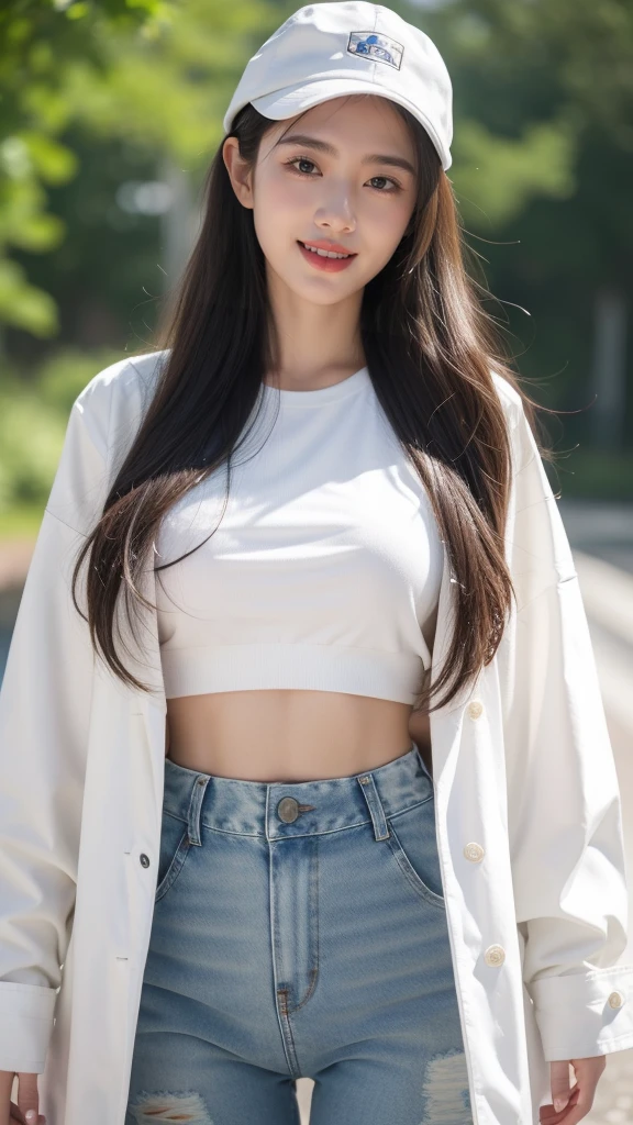 8k, Masterpiece, best quality, realistic, beautiful girl, white crop top, Jeans overalls, white cap, long brown hair, Wet hair, Wet, plastic coat, smile, laugh, half body