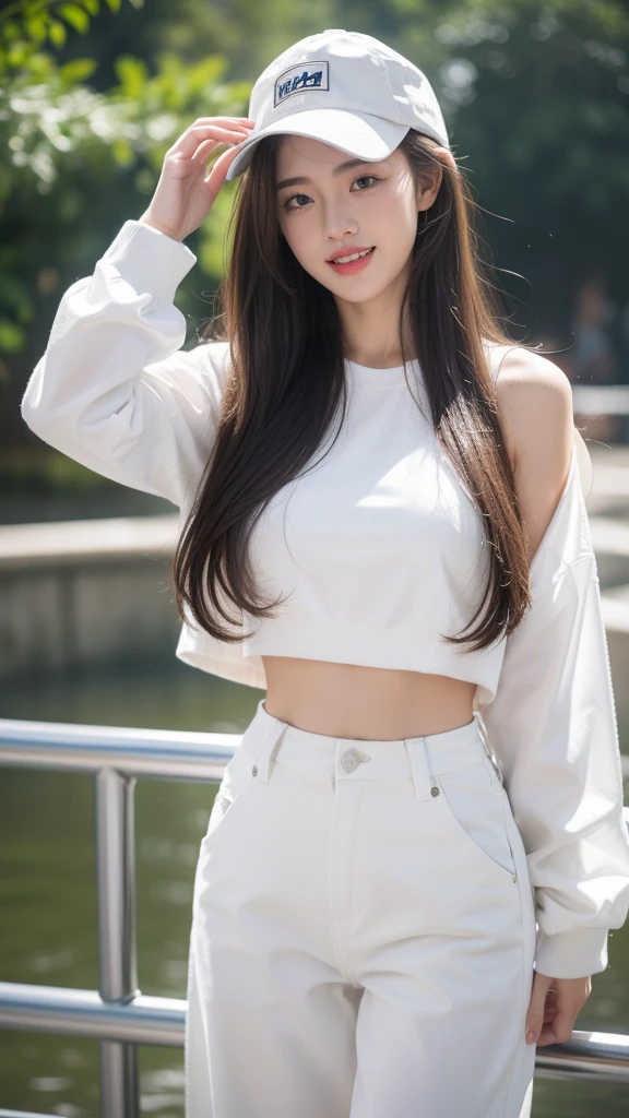 8k, Masterpiece, best quality, realistic, beautiful girl, white crop top, Jeans overalls, white cap, long brown hair, Wet hair, Wet, plastic coat, smile, laugh, half body