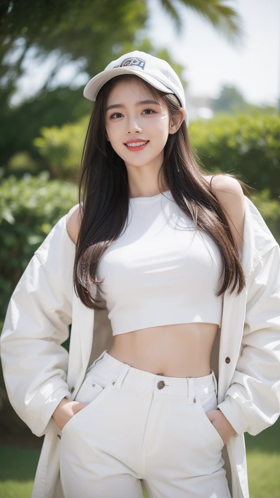 8k, Masterpiece, best quality, realistic, beautiful girl, white crop top, Jeans overalls, white cap, long brown hair, Wet hair, Wet, plastic coat, smile, laugh, half body