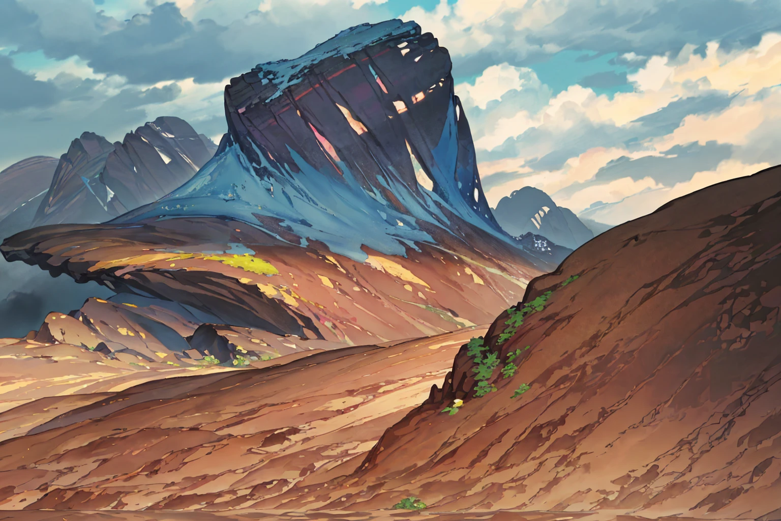 summer, brown rock area, brown rock formation, (illustration : 1.0), Narrative composition, realistic lighting, HD detail, masterpiece, best quality best, (Highly detailed CG integrated 8k wallpaper), wide and flat rocky area, A small, sharp, rough rock at the top of the screen.