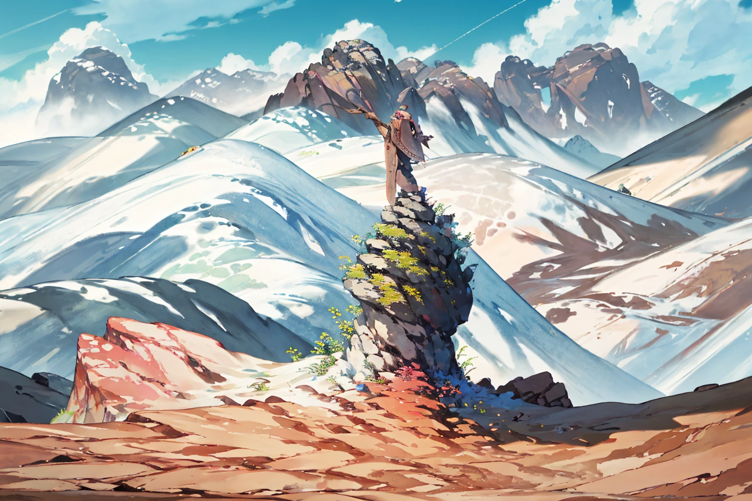 summer, brown rock area, brown rock formation, (illustration : 1.0), Narrative composition, realistic lighting, HD detail, masterpiece, best quality best, (Highly detailed CG integrated 8k wallpaper), wide and flat rocky area, A small, sharp, rough rock at the top of the screen.