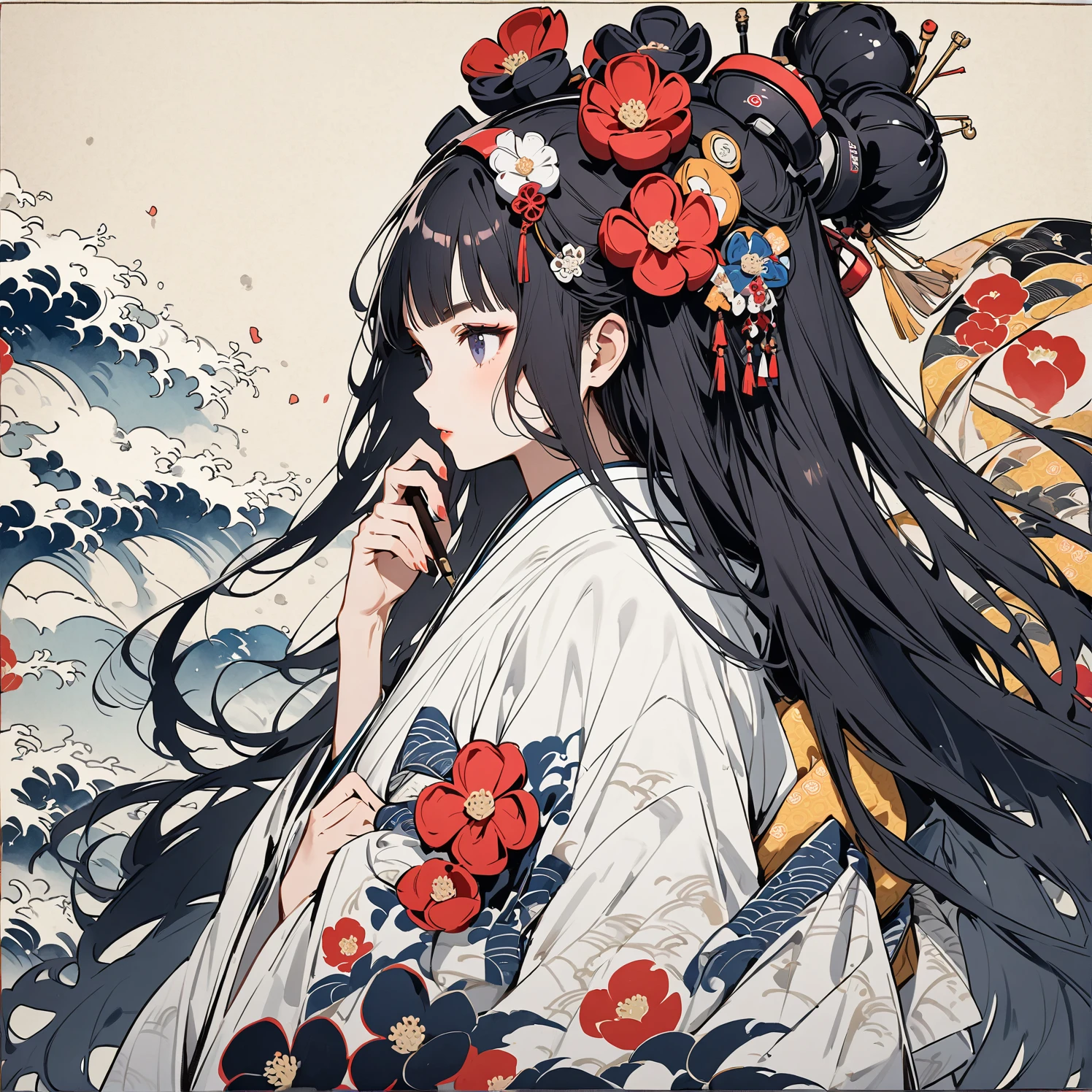 Highest quality, Katsushika Hokusai, Ink Painting, (((longhair))), (((1 girl))), (((White kimono))), Japanese style headphones, camellia, beautiful girl, Black Hair, Delicate and precise, Modern ukiyo-e style,