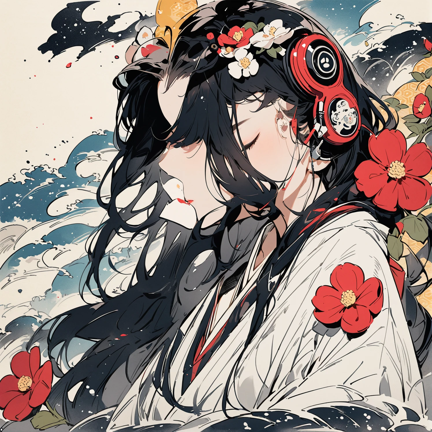 Highest quality, Katsushika Hokusai, Ink Painting, (((longhair))), (((1 girl))), (((White kimono))), Japanese style headphones, camellia, beautiful girl, Black Hair, Delicate and precise, Modern ukiyo-e style,