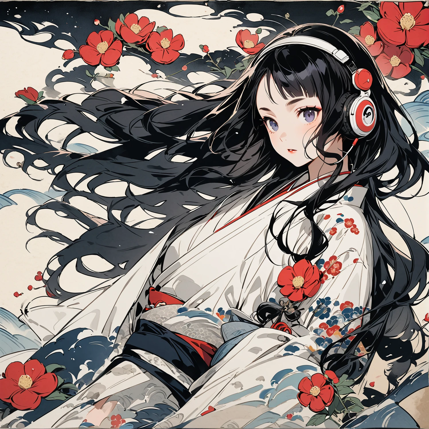 Highest quality, Katsushika Hokusai, Ink Painting, (((longhair))), (((1 girl))), (((White kimono))), Japanese style headphones, camellia, beautiful girl, Black Hair, Delicate and precise, Modern ukiyo-e style,