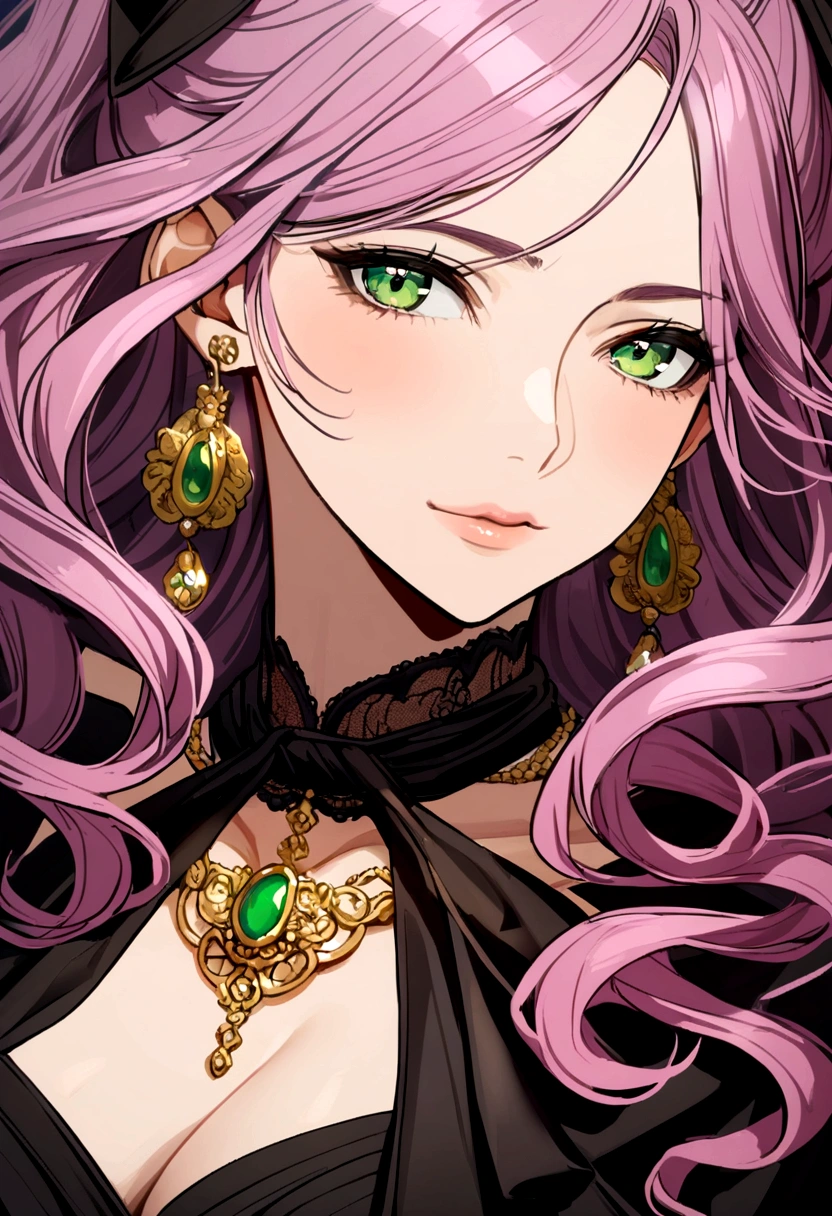 40 year old woman, pink purple hair, long curly hair, green eyes, gold earrings, black dress, black ribbon around neck.