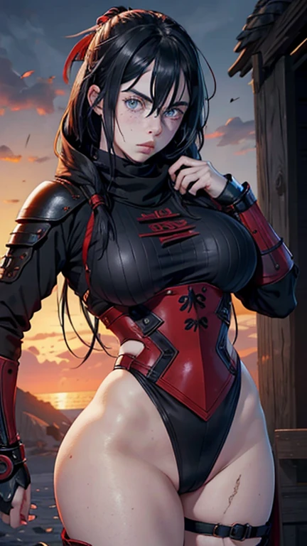 Medieval female warrior (Billie Eilish face), beautiful face, kunoichi armor(black and red), athletic physique, big round breasts, exposed thighs, round Buttocks, round ass, long black hair tied, light blue eyes, freckles on her face, destroyed village