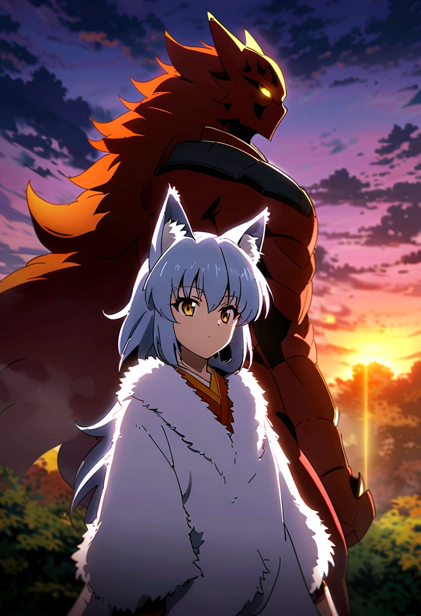 fox Light blue hair beast girl indigo fur fox beast girl fox Light blue hair beast girl indigo fur fox beast girl Sesshomaru, Yellow eyes, Anime, Perfect face, Perfect Lighting, Outdoors, Warm colors, Dark purple sky, Autumn sunset, \(inuyasha\), Bearing Claw, Ready to fightPerfect Lighting, Outdoors, Warm colors, Dark purple sky, Autumn sunset,