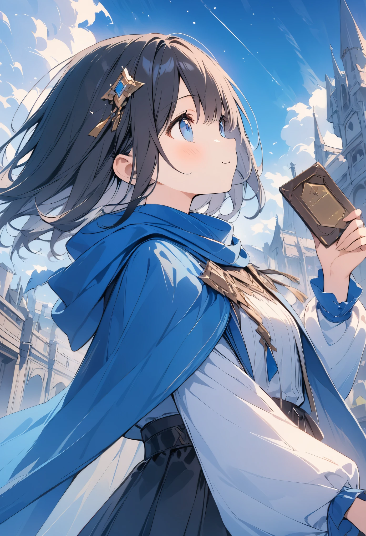超High resolution, Attention to detail, high quality, High resolution, 最high quality, 4K, 8K, Awards, (artwork)、Clear sky、cute、Black Hair、short、hair ornaments、A work that emphasizes the sky and blue、posters、(Costumes of fantasy world:1.2)、(Blue Cape:1.37),Looking up at the sky,profile(:3:0.8)