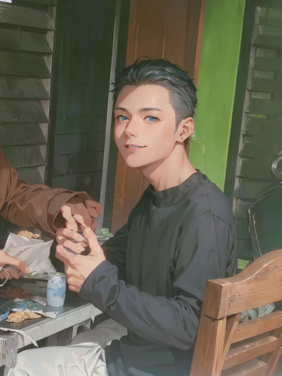 (absurd、High resolution、super detailed、nffsw)、masterpiece、highest quality、male 、solo、Handsome、short hair、gray hair、blue eyes、fine eyes and detailed face、casual clothes、true shadow、joy、connect ears、Upper body、blur the background、smile、City of night、
