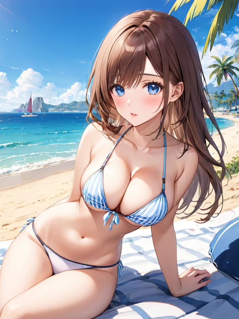 (This is a close-up shot of a young anime girl in a bikini on the beach:1.4),(alone:1.4),(One girl:1.4),(Long brown hair:1.3),(blue eyes:1.2),(White bikini top:1.3),(White bikini bottoms:1.2),(belly button:1.1),(Sitting on the beach:1.3),(Palm tree in the background:1.2),(The sea in the background:1.2),(blue sky:1.1), (Detailed face:1.3),(Beautiful attention to detail:1.3),(Slightly parted lips:1.2),(Embarrassed look:1.3),(Blushed:1.2),(Slender body:1.2),(Large Breasts:1.3), (masterpiece:1.2),(Highest quality:1.3),(Ultra-high resolution:1.2),(Realistic:1.1), roller:cuteGirlMix4_v10:0.5,roller:Korean doll-like_At 3 p.m.:0.3,