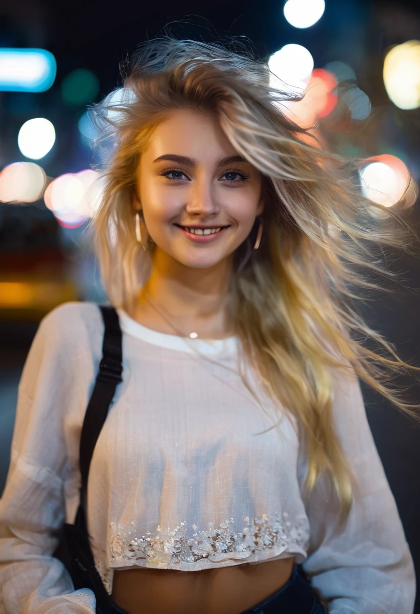 Cute blonde girl 19 years old, (((taking a selfie))), on the street, night, smiling, sexy hairstyle, sexy little blouse, (((hair in the face in the wind)))
