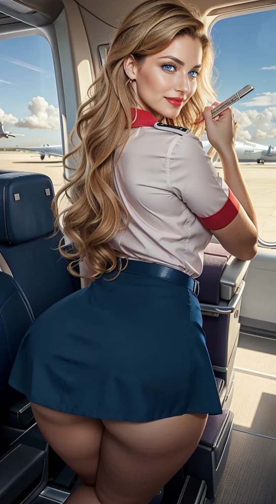 Detailed woman face looking at camera,Airline stewardess,Airline stewardess,Blue tight skirt,(Wear a scarf:1.3),uniform,Brown curly hair,Bangs, blue eyes, Hot red lips, Sexy open mouth, Correction of deformed fingers, Reality, Sharp eyes, (((Eyes looking at camera))) Smile