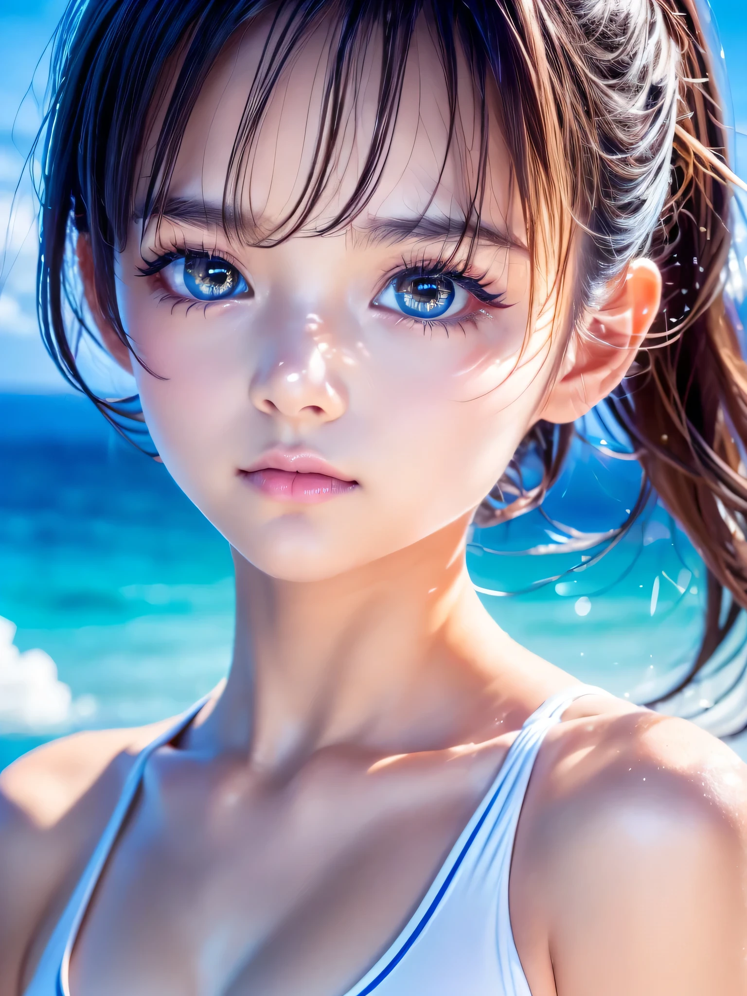 One Girl，(1人のとてもcute***:1.3)，masterpiece，Highest quality，High resolution，Photorealistic，RAW Photos，Ray Tracing，beautiful girl，(15 years old:1.3)，cute，Big eyes，(detailed pupils:1.2)，(The face is facing straight ahead:1.3)，Body facing forward，Beautiful nose，Fuller lips，Short black hair，ponytail，short hair，Detailed eyelashes，Thin eyebrows，Very fine grain definition，(Symmetrical eyes:1.3)，(Face close-up，Face Focus:1.0)，Small breasts，Short neck，White swimsuit，White Bikini，The background is the sea，Southern Island，Blue sky，White cloud，Portrait，View Viewer，Upper Body，Cinema Lighting，High resolution，Very detailed