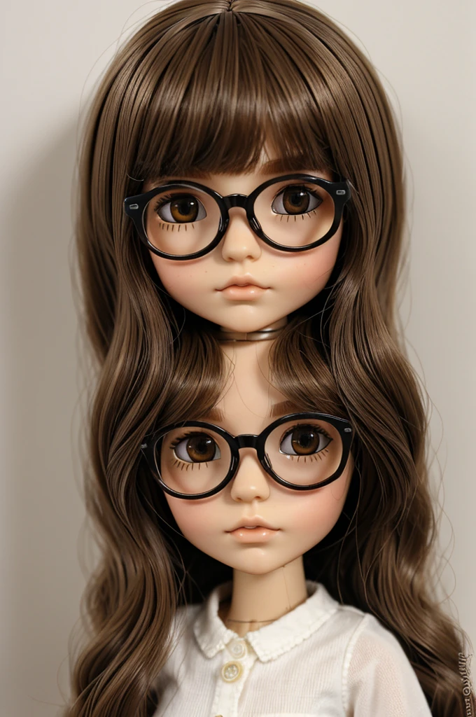 blythe doll with short brown hair with curtain bangs and dark brown eyes with a dark complexion and round glasses  