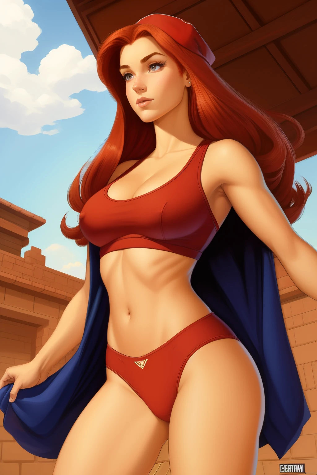 Similar art Jonh Buscema,1 garota,long hair,redheadwear,greeneyes, College cheerleader, super realistico, , high school sportswear, sultry gaze, sensuous, 4k resolution, Lotes ,  batches, superior sense, Red hair, cotton clothes , holding powpow up