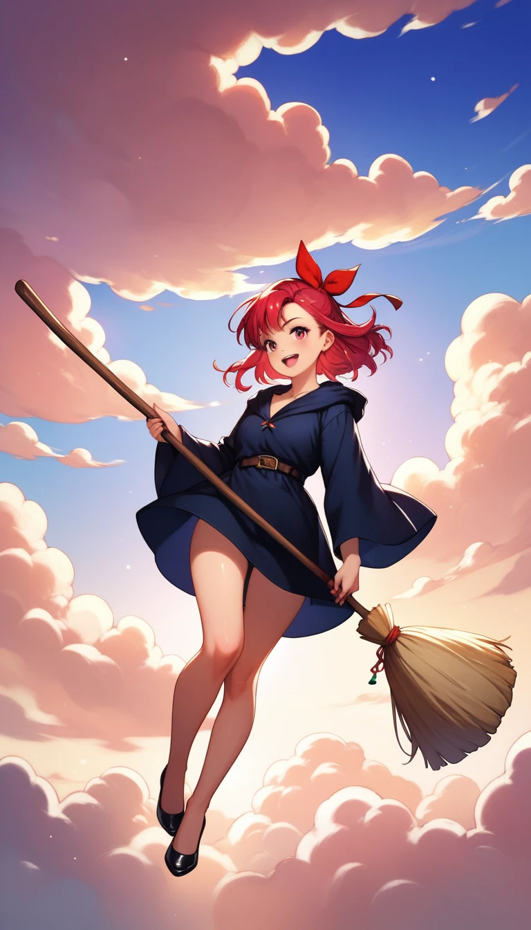 (masterpiece:1.4), (Highest quality:1.4), (High resolution:1.4),girl, Kiki on a flying broom,Broomstick between the legs,cloud, Black Robe, Red hair ribbon,