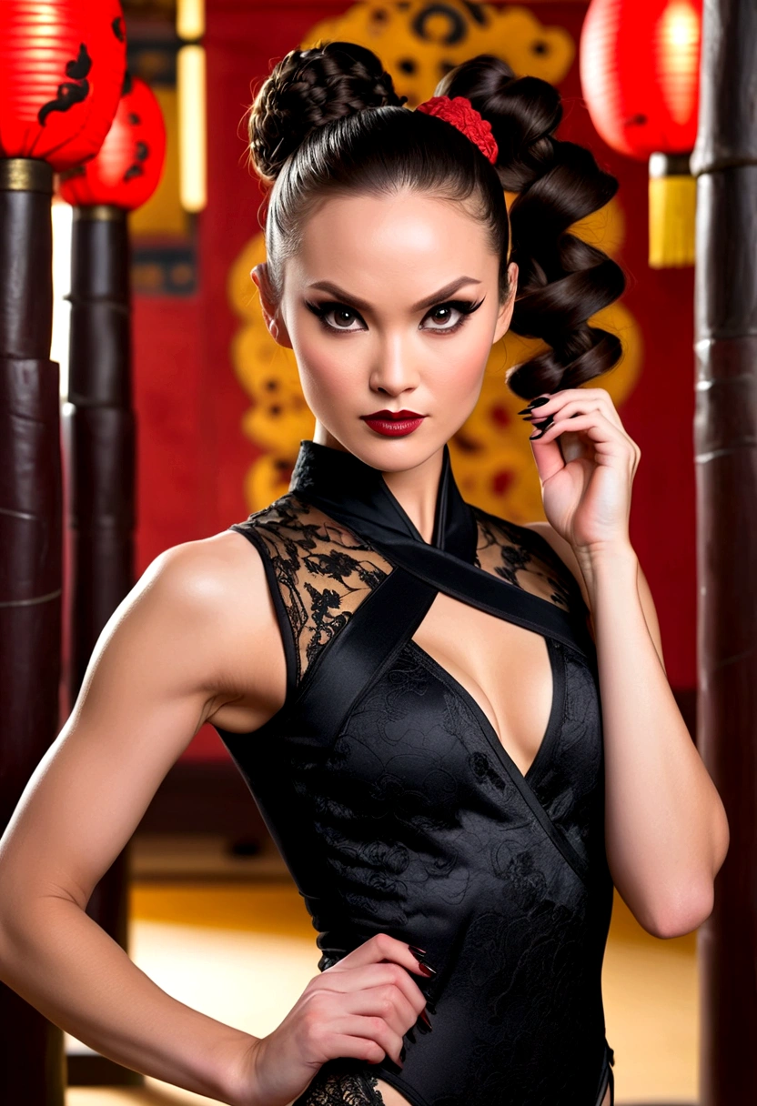 Tori Black asian ninja warrior, ringlets wavy five feet long black hair, updo hairstyle with ponytail on one side and long hairpins for the bun, dark red glossy lips, heavy black eye shadow long black eyeliner, long sharp nails, black lace beautiful and creative sleeveless ninja warrior bodysuit, forehead lace ornament, posing in a Shaolin temple interior, happy expression, dark ambience night time candle lights. No faces on her chest!