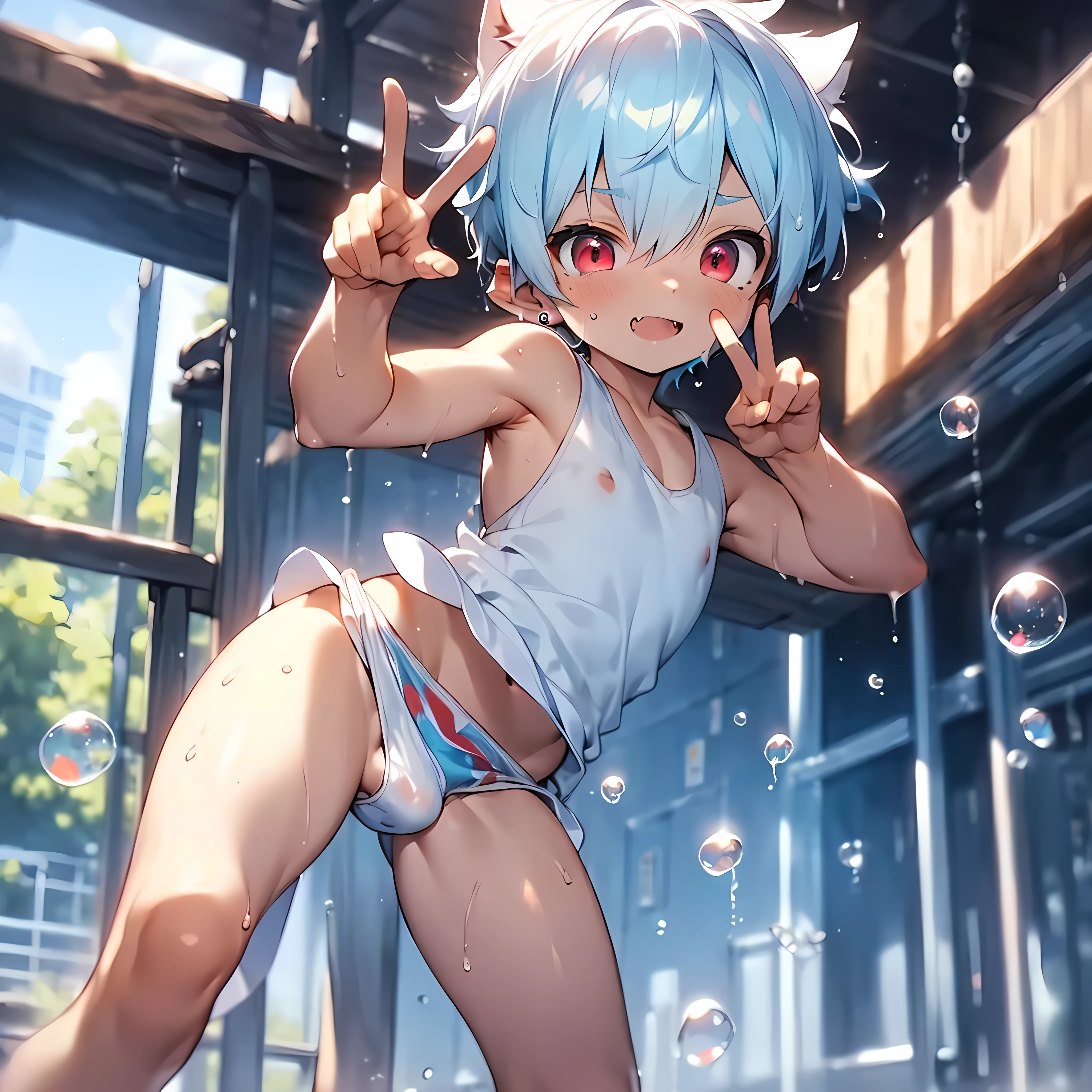 (solo:2), (boldline:-1.7), (peace sign:1.75), (arched back:1.2), ((bubble)), (spread legs:1.3), (standing:1.5), (((fang))), (((best finger))), BREAK (best quality:1.5), (absolutely resolution:1.5), (ultra detailed:1.5), (masterpiece:1.5), (perfect face), (detailed face), (detailed eyes), (best eyes), (cute face), (shota:2.1), BREAK (white tank top:1.5), BREAK (white loincloth:1.5), (see throgh wet clothes:1.4), (bulge:1.6), (skinny:1.3), (spiked hair), BREAK (light blue hair:1.5), (wine red eyes:1.4), (eyes with highlight:1.6), ((mole under eye)), (sweaty skin), (chuckling:1.5), ((earrings)), (shiny skin:1.3), BREAK (nature), (river), (forest), (sunlight), ((wind blowing)), ((nipple)), (abs), groin, water splashing,