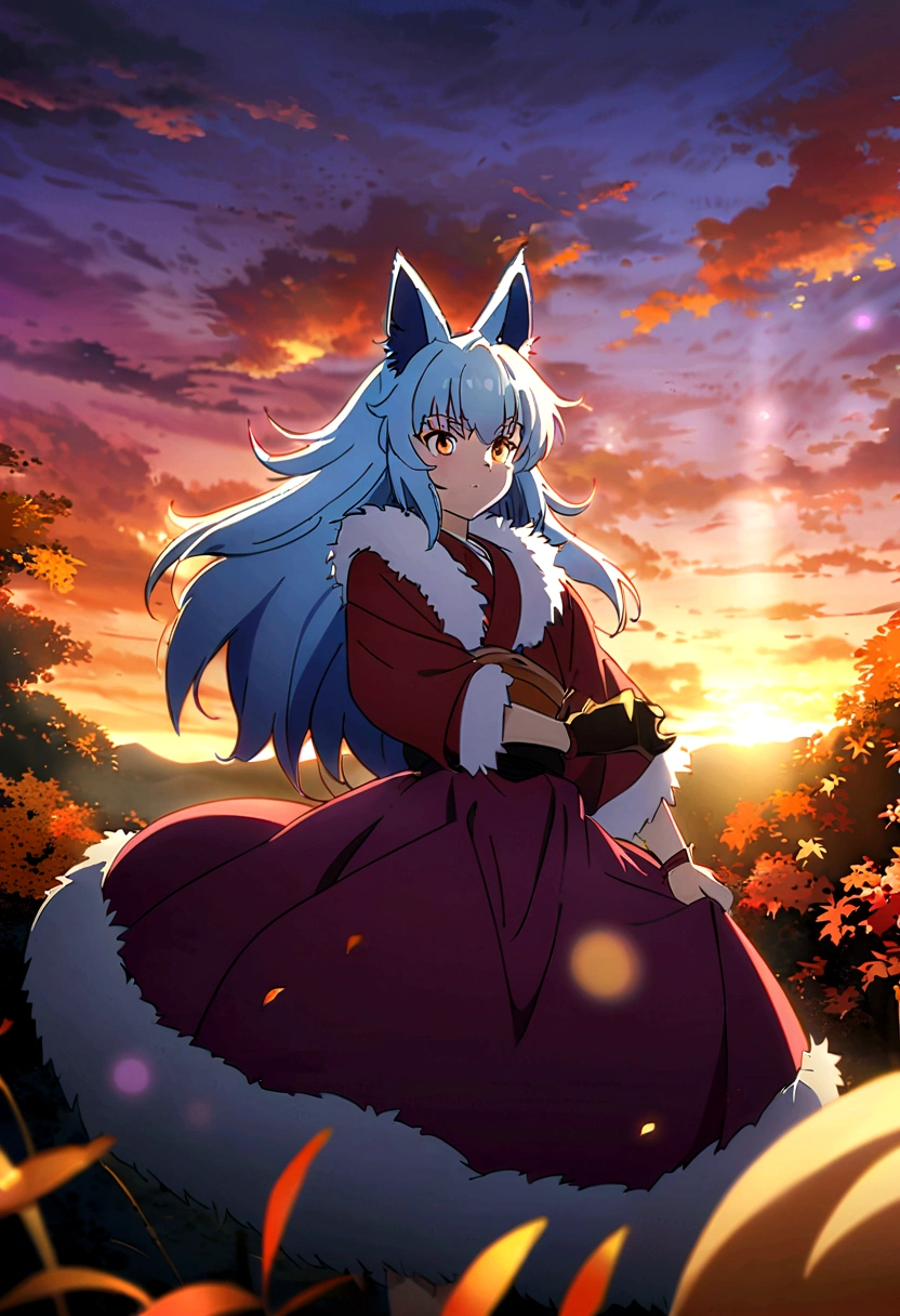 fox Light blue hair 　beast girl　indigo fur　fox beast girl　fox Light blue hair 　beast girl　indigo fur　fox beast girl　Sesshomaru, Yellow eyes, Anime, Perfect face, Perfect Lighting, Outdoors, Warm colors, Dark purple sky, Autumn sunset, \(inuyasha\), Bearing Claw, Ready to fightPerfect Lighting, Outdoors, Warm colors, Dark purple sky, Autumn sunset, 