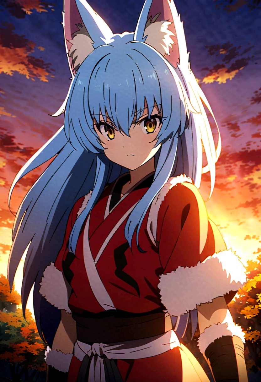 fox Light blue hair beast girl indigo fur fox beast girl fox Light blue hair beast girl indigo fur fox beast girl Sesshomaru, Yellow eyes, Anime, Perfect face, Perfect Lighting, Outdoors, Warm colors, Dark purple sky, Autumn sunset, \(inuyasha\), Bearing Claw, Ready to fightPerfect Lighting, Outdoors, Warm colors, Dark purple sky, Autumn sunset,