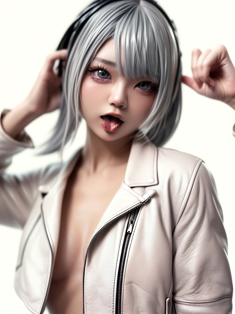 (((amount、white 、Asian woman、beautiful girl、、Silver Hair、white Background、)))、Tabletop, Highest quality, shape, Very detailed, finely, High resolution, 8k wallpaper, Perfect dynamic composition, finelyて美しい目, Deco Out, ((Medium hair 1.5)),((( Small breasts 1.5,Slender Body Type 1.5)))、 Natural color lip,white Background, Random cute poses,、(((Punk Fashion 1.5)))、、(((Leather jacket over naked body 1.5)))、Open mouth and stick out tongue 1.5、1. Raise the middle finger of your right hand to provoke.5、(((Nude 1.5)))。