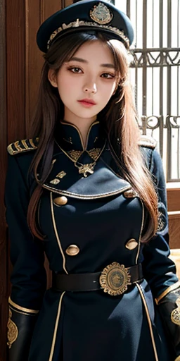 photorealistic, high resolution, soft light, a very cute and pretty Eurasian girl, solo, (detailed face), badge, medieval fantasy dark military uniform, silver hems, steampunk, Victorian police