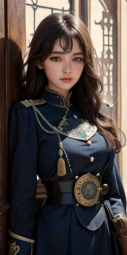 photorealistic, high resolution, soft light, a very cute and pretty Eurasian girl, solo, (detailed face), badge, medieval fantasy dark military uniform, silver hems, steampunk, Victorian police