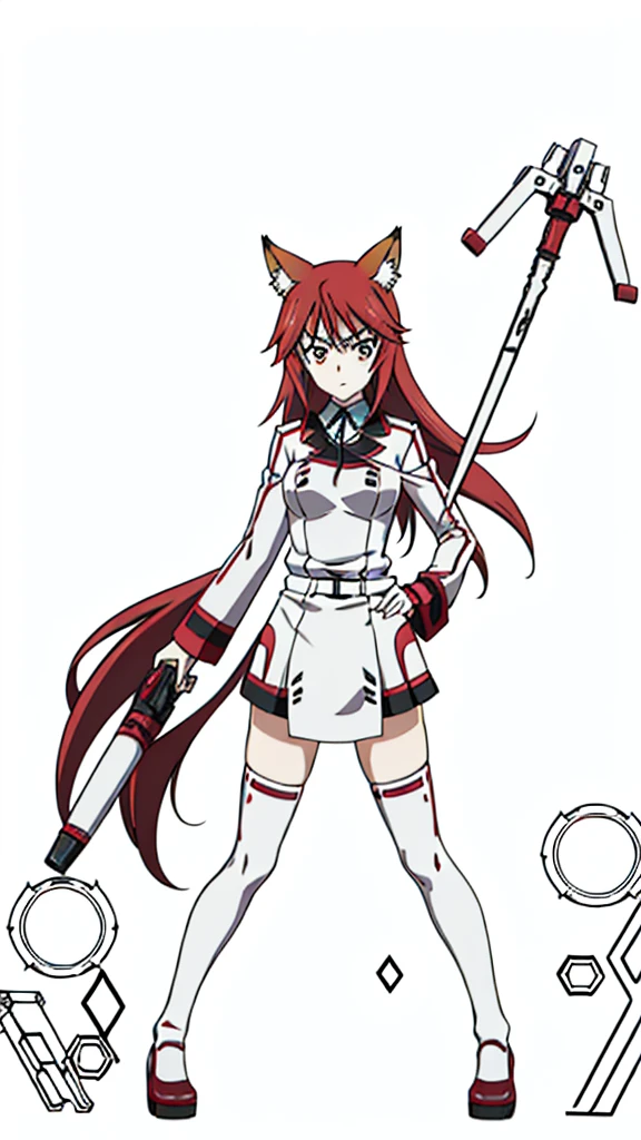 1girl ,20s,angry face,(red hair),long hair,fox ears,(white background, line drawing),bbuinfinite_stratos_school_uniformniform,thighhighs