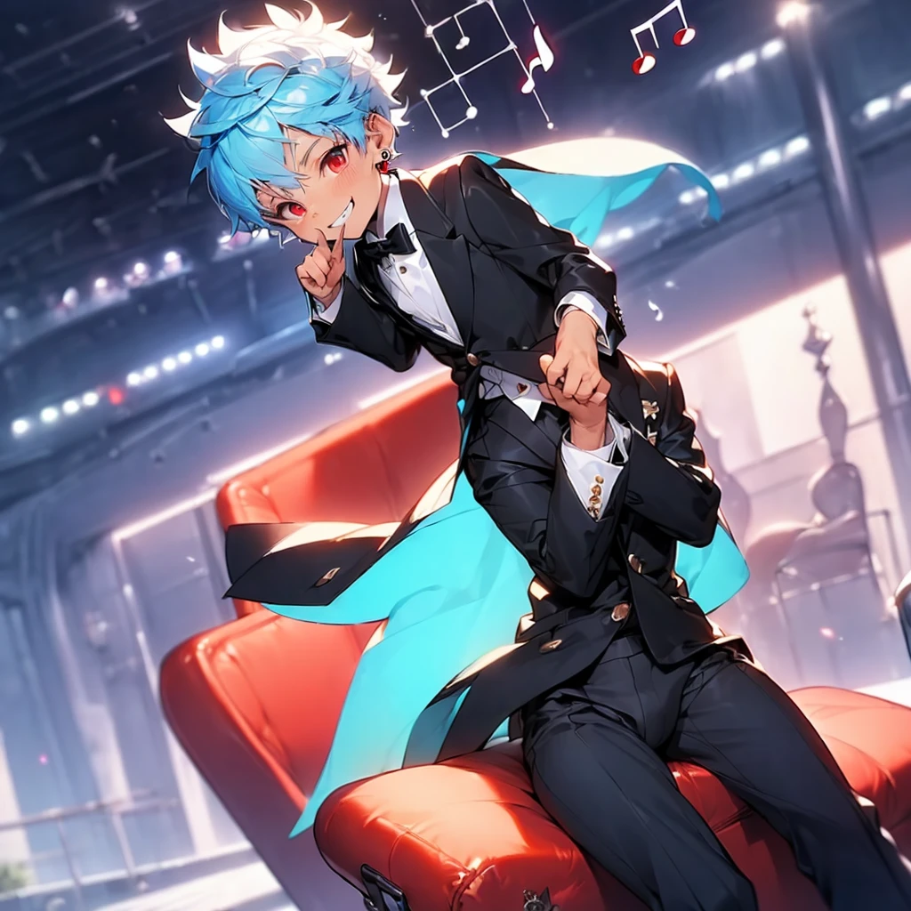 (solo:2.5), (boldline:-1.7), (put index finger on mouth:1.5), (floating musical notes:1.7), (sitting on red chair:1.5), (((fang))), (((best finger))), BREAK (best quality:1.5), (absolutely resolution:1.5), (ultra detailed:1.5), (masterpiece:1.5), (perfect face), (detailed face), (detailed eyes:1.3), (best eyes), (cute face), (shota:2), BREAK (tuxedo:1.5), (bulge:1.6), (skinny:1.3), BREAK (light blue hair:1.5), (spiked hair), (wine red eyes:1.4), (eyes with highlight:1.6), ((mole under eye)), (sweaty skin), (grin:1.5), ((earrings)), (shiny skin:1.3), BREAK (concert hall:1.5), (spot light:1.3), (at concert), (many people), ((wind blowing)), frow below, close up,