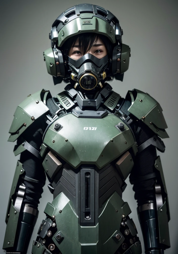 Textured skin, Very detailed, Attention to detail, high quality, 最high quality, High resolution, 1080P, hard disk, beautiful,(War Machine),beautifulサイボーグ女性,Mecha Cyborg Girl,Battle Mode,Girl with a mechanical body　Black Hair　Short Hair Boyish　Dark green armor　Soaked Face　Change is over　Met Off　Steam coming out of the head　whole bodyから湯気が吹き出す　Feel the expression　Please open your mouth wide　Snug-fitting headgear　Long Nozzle Gas Mask　Holding a full-face helmet in your hand　front　whole body　I can see your face through the visor