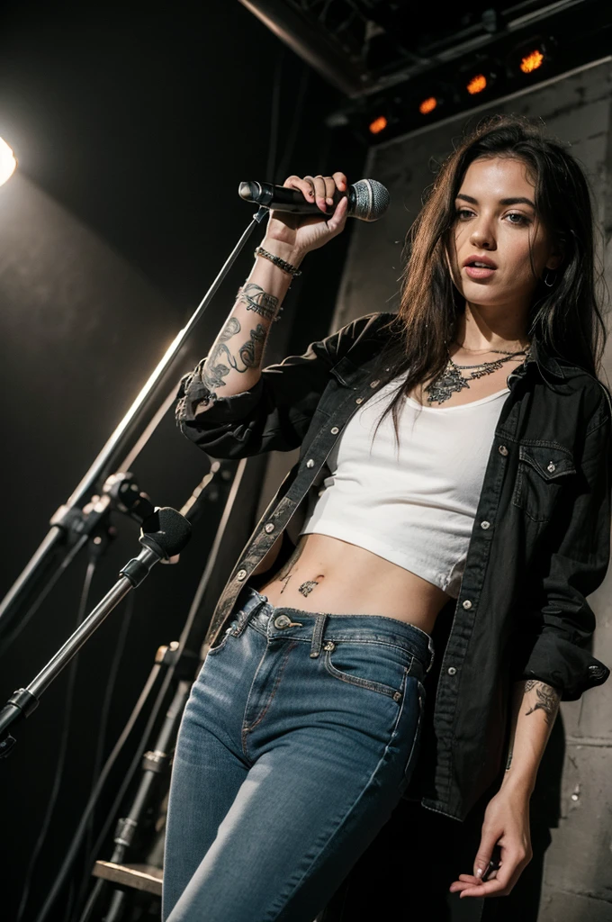girl grunge, black les paul guitar, 70's, stage, tattoos, jeans, white shirt, singing, fire behind, black and white, shades, flannel shirt
